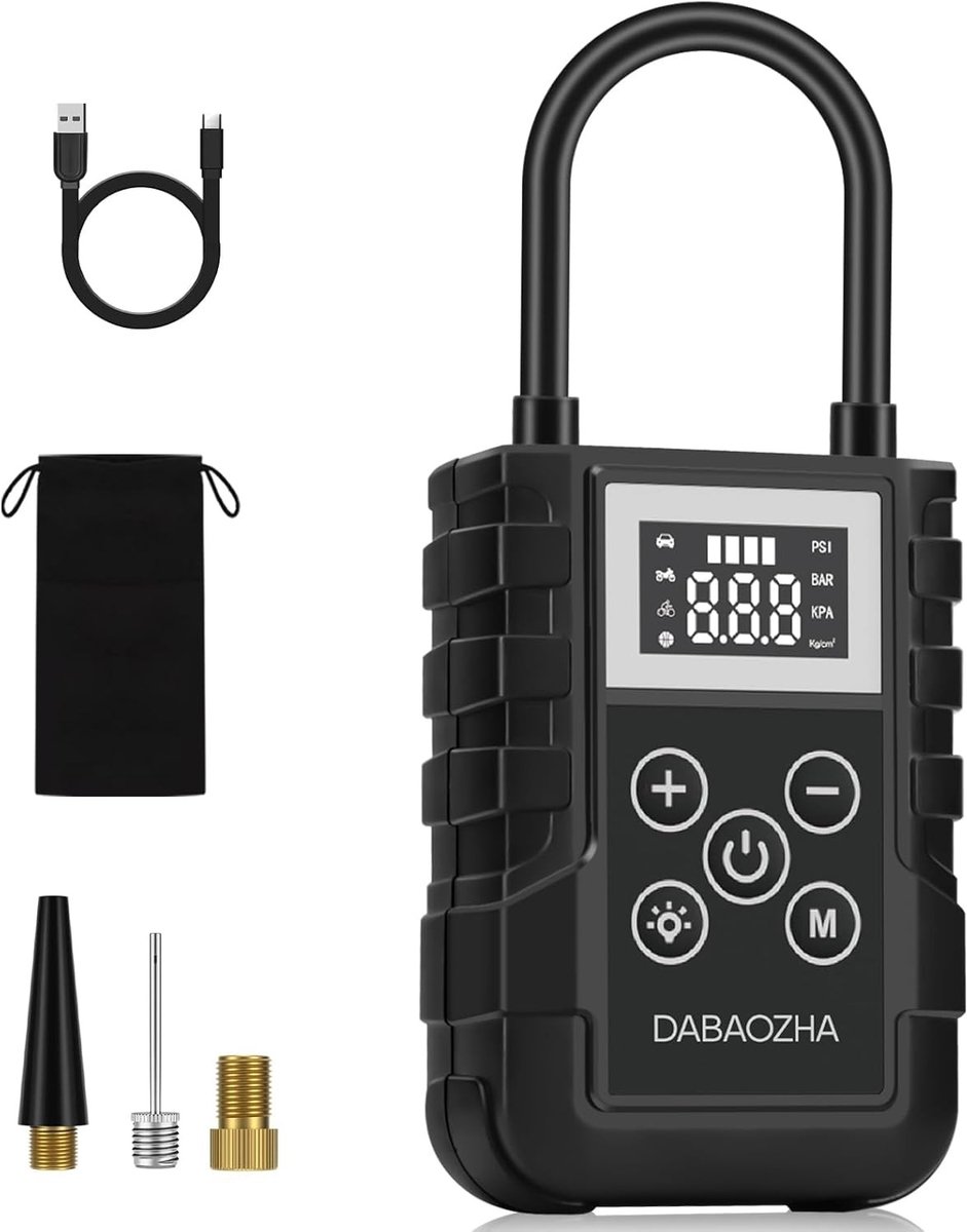 Draagbare Luchtcompressor - Zwart - 12,7 x 9 x 4,5 cm - Mini Auto-Fietspomp met LED-Lamp en 4 Opblaasmodi - Voor Auto's en Fietsen