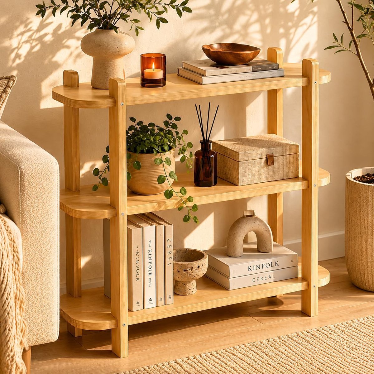 Modern boekenrek woonrek 3-traps staand rek van hout - open decoratief rek voor woonkamer - slaapkamer en kantoor - ruimtebesparend opbergrek - eiken
