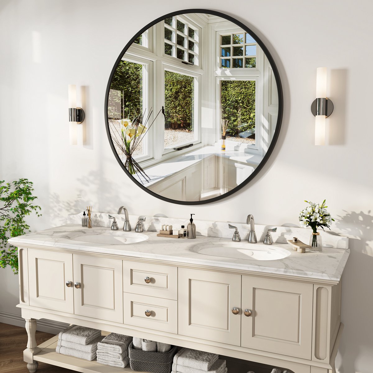 Ronde Wandspiegel 75cm Zwart – Aluminium Frame, Gehard Veiligheidsglas Anti-Splinter
