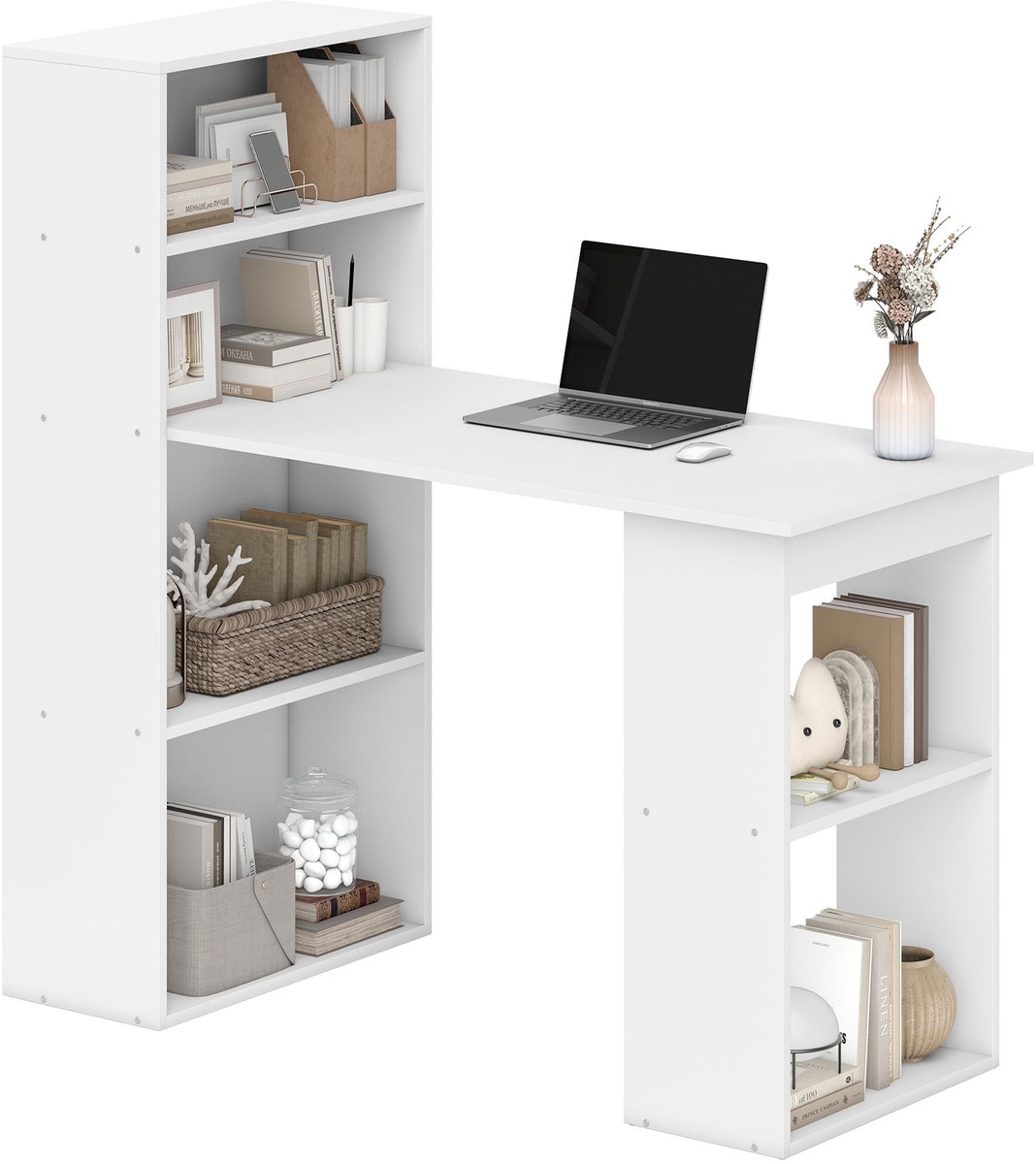 Bureau met boekenkast - computertafel met 6 planken - met plank rechts of links - wit