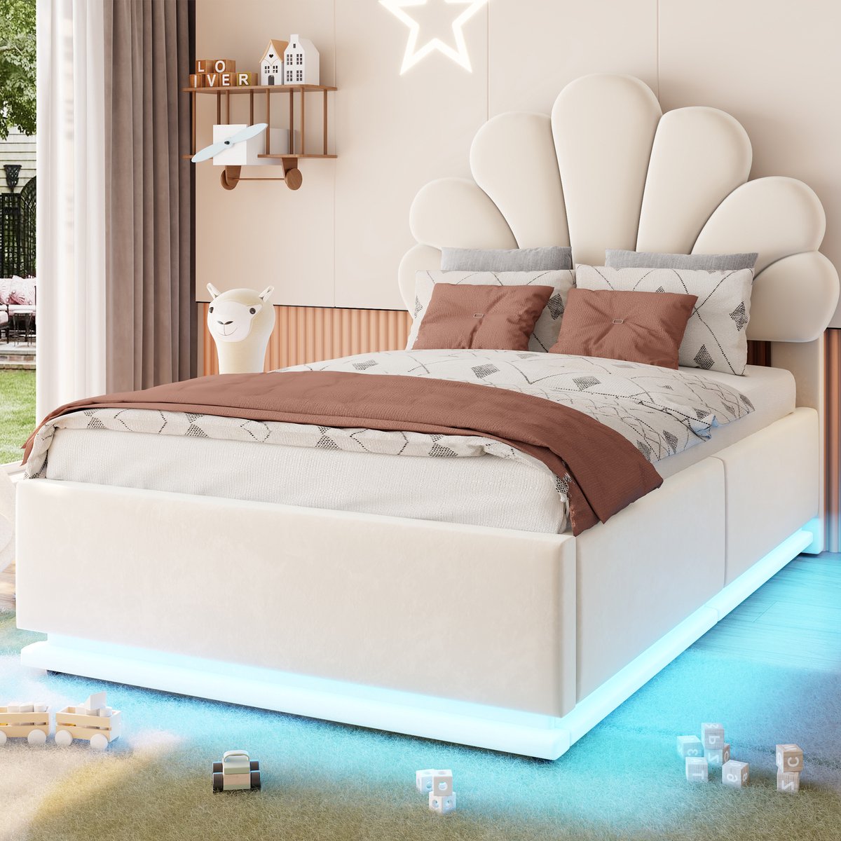 Gestoffeerd Bed 90x200 Cm – Bed Met Opbergruimte En Ledverlichting – Bladvormig Hoofdeinde En Hydraulisch Mechanisme – Voor Volwassenen – Fluweel – Beige Zonder Matras