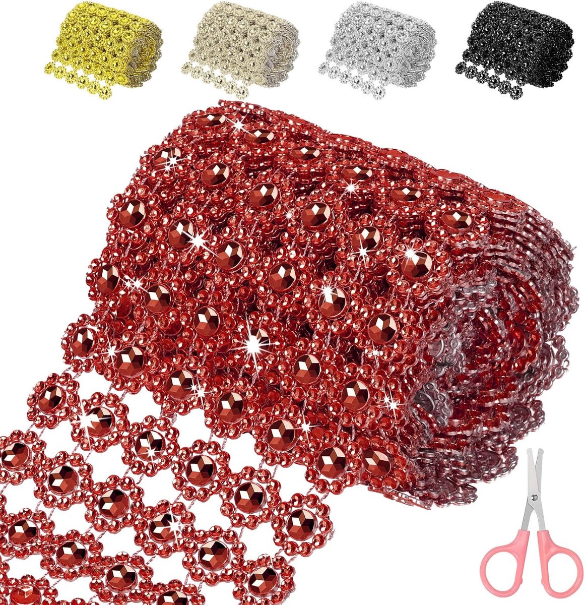 10,5 cm x 3 m rode bloem strass lint, 6 rijen fonkelende bling strass mesh strass lint rol strass diamant mesh wikkellint voor knutselen, bruiloft, feestdecoraties