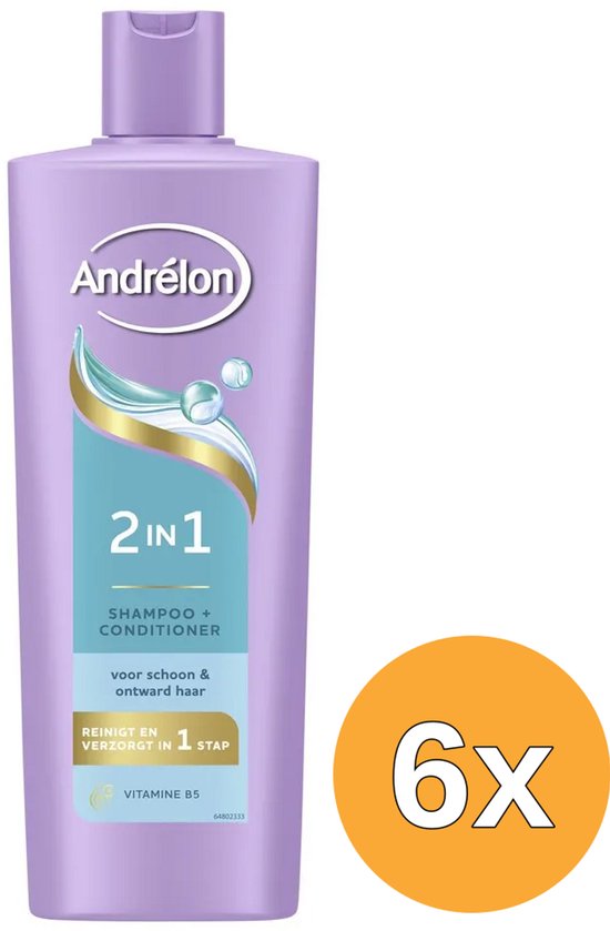 Andrélon 2-in-1 shampoo en conditioner met vitamine B5, voor schoon en ontward haar, in paarse fles, 6x.