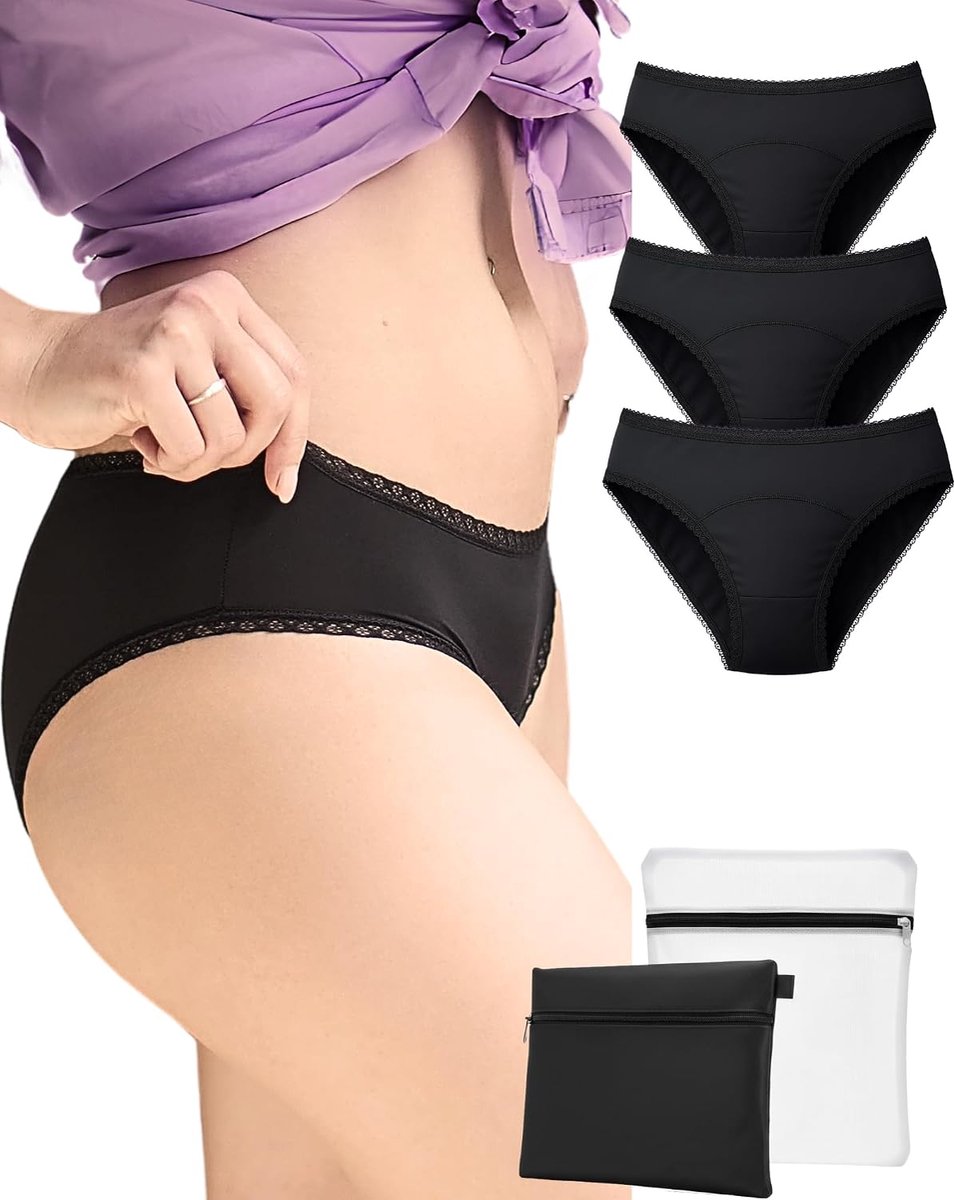 3x Period Underwear for Women | Menstruatie Ondergoed | Ideal for Heavy Flow | 4 Layers of Absorbtion = 4 tampons | Oeko-TEX | Menstrual Panties, Slip | Free Laundry Bag + Waterproof Pouch