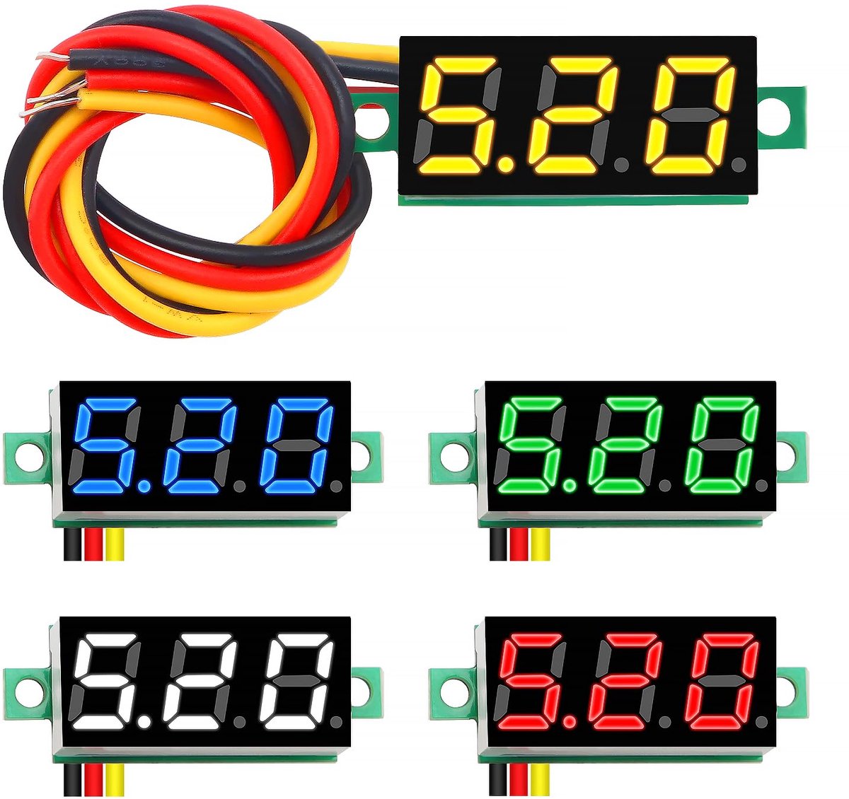 5 Stuks 0.28 Inch Mini Digitale Voltmeter, 0-100V Mini DC Voltmeter met Drie draden, Omgekeerde Polariteit Bescherming en Nauwkeurige Drukmeting (Rood, Geel, Blauw, Groen, Wit)