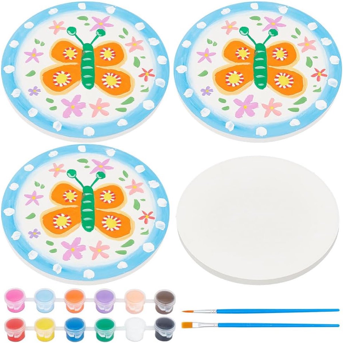 Verf en versier je eigen mini keramische platen keramisch schilderen ambachten en kunst voor volwassenen, 3 keramische platen, 12-kleuren verf en 2 borstels, 10,3 cm