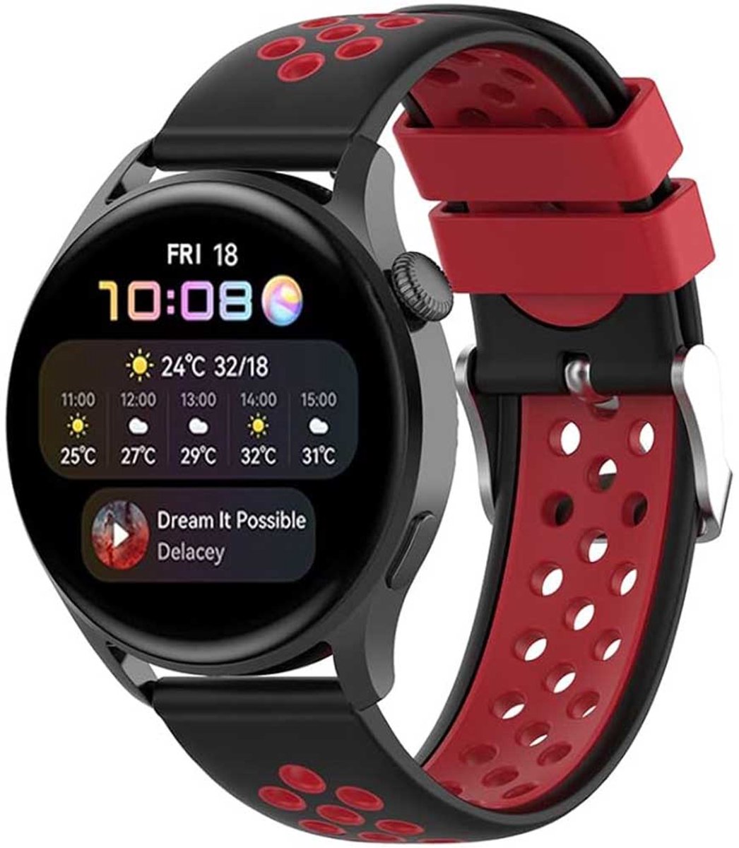 Stravo 18mm Tweekleurig Siliconen Sport Bandje – Geschikt voor Garmin Vivoactive 4S / Vivomove 3S / Venu 2S / Venu 3S / Venu 4 41mm / Forerunner 255S / 265S & Huawei Watch GT 5 / GT 5 Pro / GT 6 – Ademend Horlogebandje – Zwart / Rood