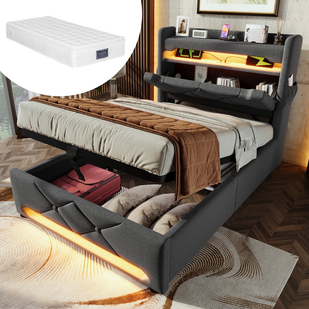 Bedframe - 90x200 Cm - Bed - Met Opbergruimte - LED - USB C - Grijs - Zonder Matras