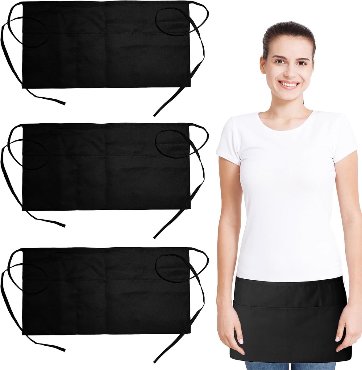 3-delige keukenschort, kort, zwart, met 3 zakken, tailleschort voor dames en heren, voor bistro, restaurant en café