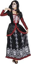 Joya Party® Dia de los Muertos Kostuum Dames | Halloween Kostuum Vrouw | Skelet Verkleedjurk Dames | Day of the Dead Jurk | Verkleedpak Vrouwen | Lange Zwarte Jurk met Doodshoofden & Rozen | Incl. Choker | Maat M/L