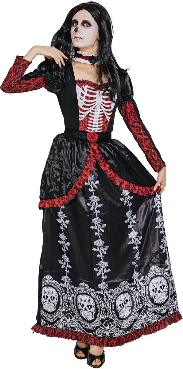 Joya Party® Dia de los Muertos Kostuum Dames | Halloween Kostuum Vrouw | Skelet Verkleedjurk Dames | Day of the Dead Jurk | Verkleedpak Vrouwen | Lange Zwarte Jurk met Doodshoofden & Rozen | Incl. Choker | Maat M/L