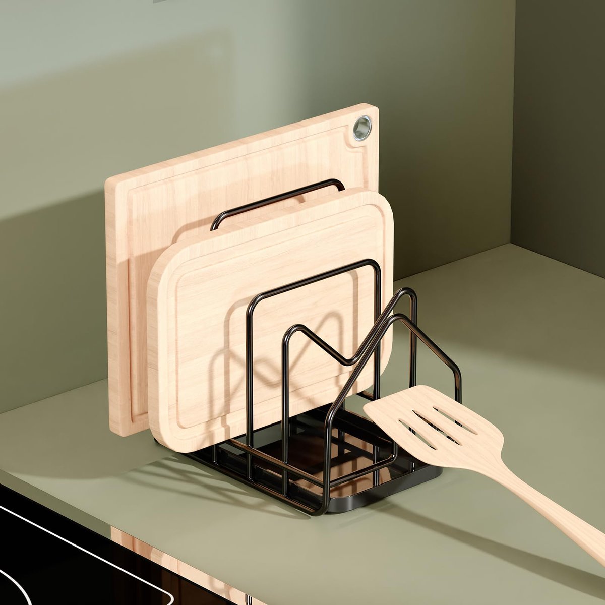 Snijplank & Pannendeksel Organizer - Metalen Opbergrek met 4 Vakken en Lekbak - Keukenblad Kast Organizer voor Snijplanken, Koekenpannen, Potdeksels, Bakplaten & Keukenaccessoires - Zwart