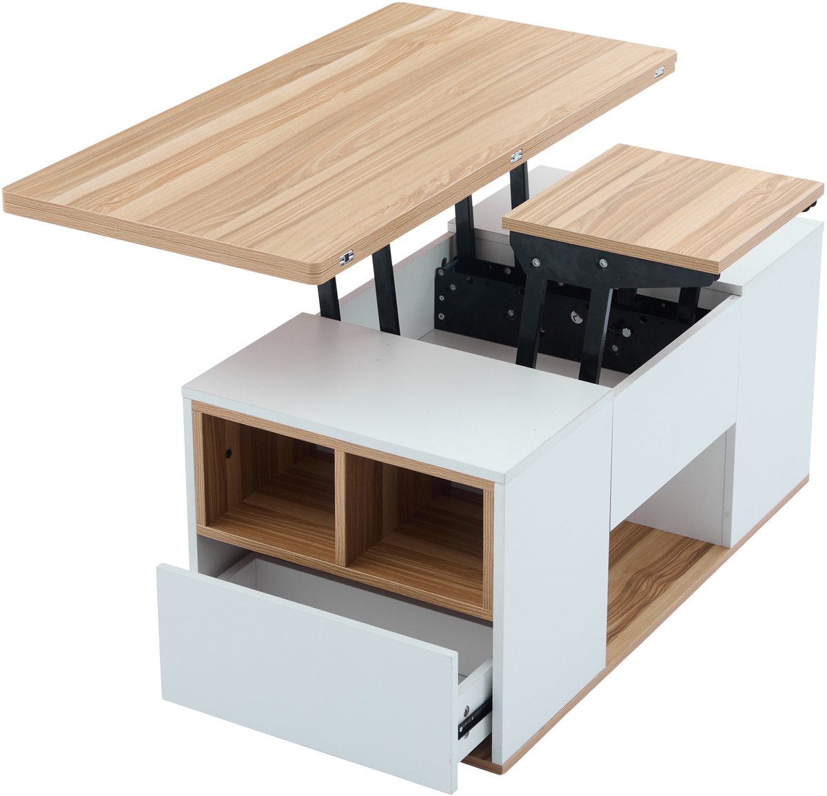 Salontafel - Hoogteverstelbaar Opklapbaar Tafelblad Met 2 Laden En Opbergruimte - Modern Voor Woonkamer - Wit Hout - 100x51x47 Cm