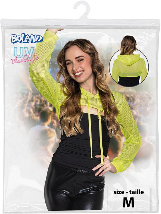 Verpakking met een neongelige, doorschijnende netstof bolero met lange mouwen en capuchon. Model draagt de bolero over een zwarte top. Tekst: 'UV Blacklight', 'size - taille M'.