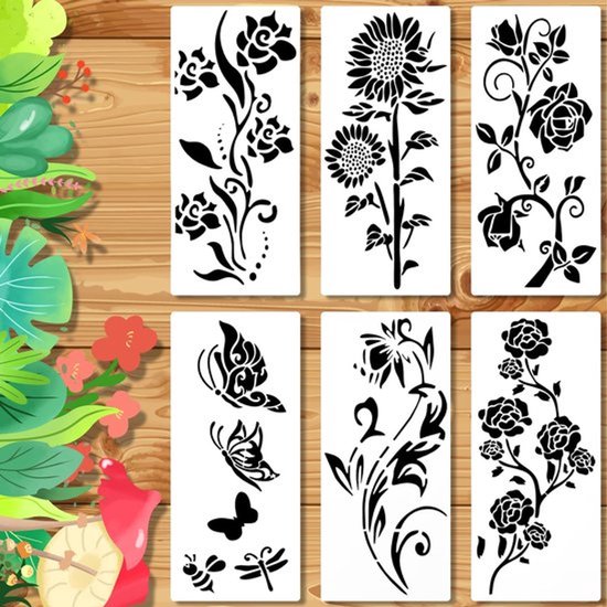 Tuinheksjablonen 6 Stuks - Bloemenverfsjablonen - Muursjablonen - Tekenbenodigdheden - PET Materiaal - 35x15 cm Afmetingen - Schilderstencils