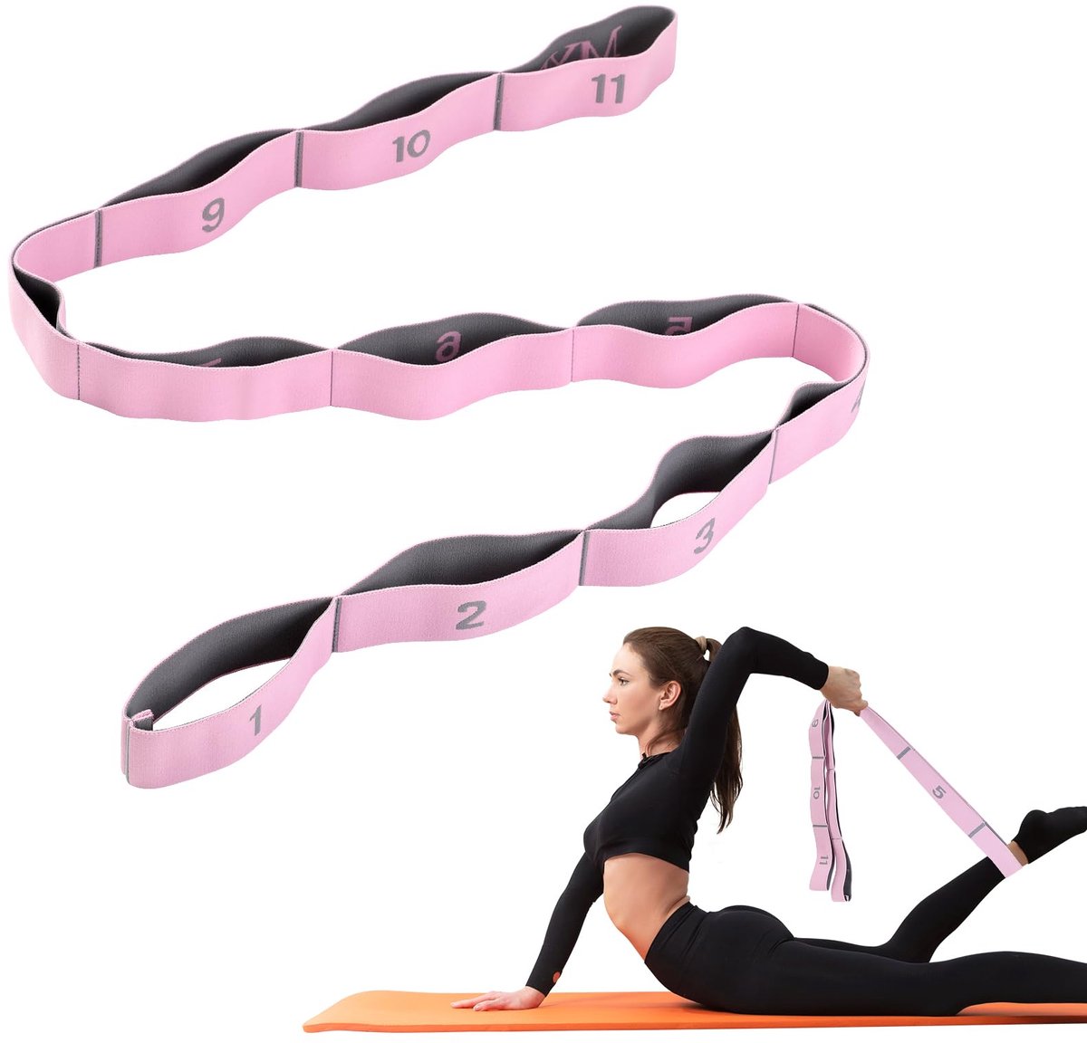 Yoga Stretch Band met 11 Lussen - Elastische Weerstandsband voor Fitness & Pilates - Verstelbare Rekband voor Stretching, Mobiliteit, Flexibiliteitstraining, Yoga en Thuisworkouts