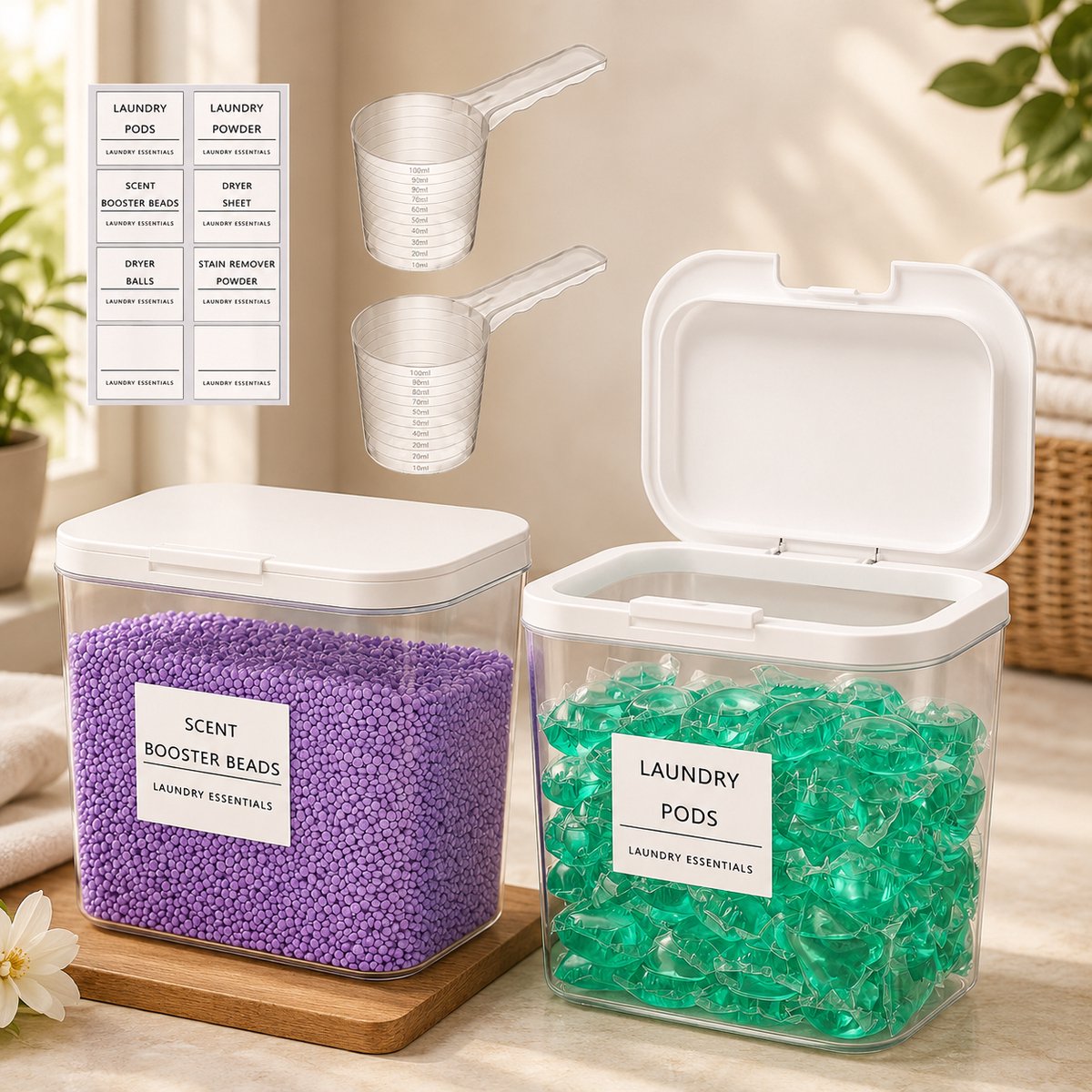 2-Pack Wasmiddelcontainers met Pers-to-Open Deksel, Transparant, met Etiketten en Maatschepjes, 2,73 L per Stuk, voor Waspoeder en -Pods
