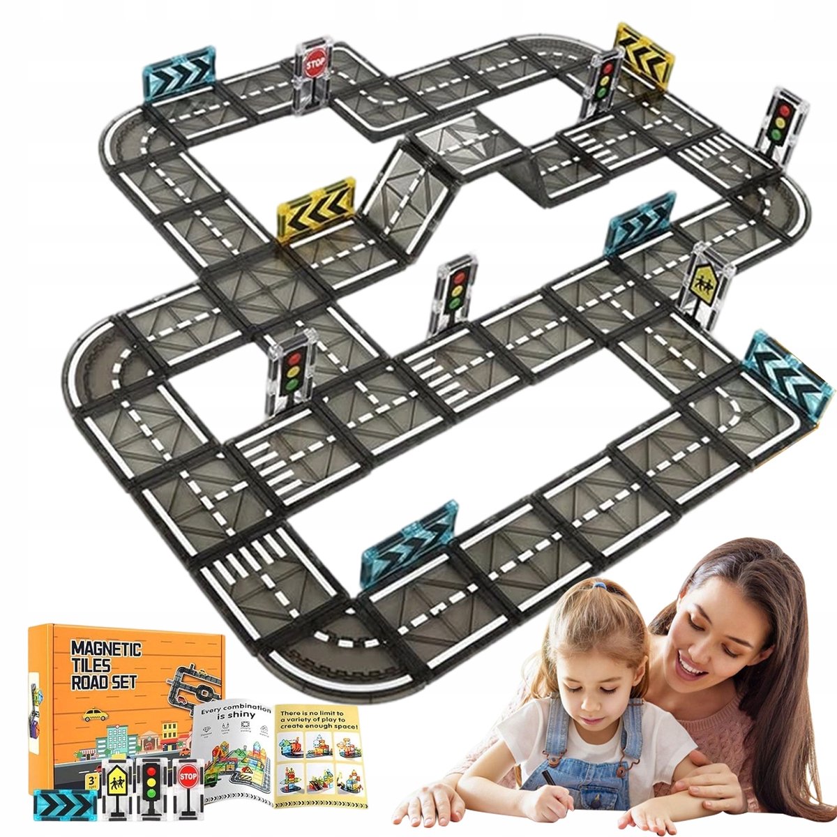 Magneet Bouwset - Magneetbouwstenen - Straatthema Bouwblokken - Magnetic Tiles - 52 Stuks- Wegen & Verkeersborden - STEM - Magnetisch Speelgoed - Voor Peuters en Kleuters - Educatief