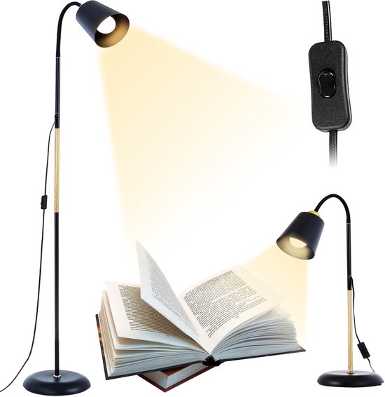 Moderne Vloerlamp - Zwarte Staande Lamp met Houtlook - Verstelbare Hoogte - Universele E27-fitting tot 60W - Stabiele Metalen Voet - Montage Zonder Gereedschap - Voor Woonkamer, Slaapkamer, Studeerkamer en Leeshoek