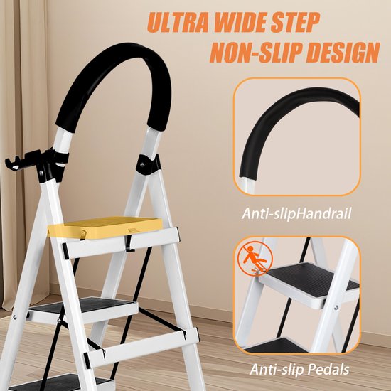 Witte inklapbare trap met 3 treden, met teksten over de ultrabrede, antislip treden en handgreep.