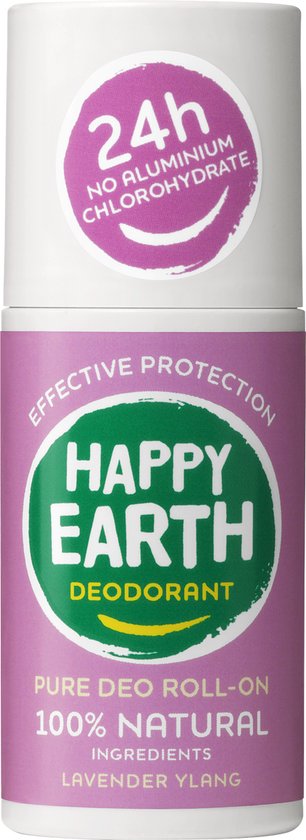 Happy Earth deodorant roller met "24h NO ALUMINIUM CHLOROHYDRATE" en "EFFECTIVE PROTECTION HAPPY EARTH DEODORANT".