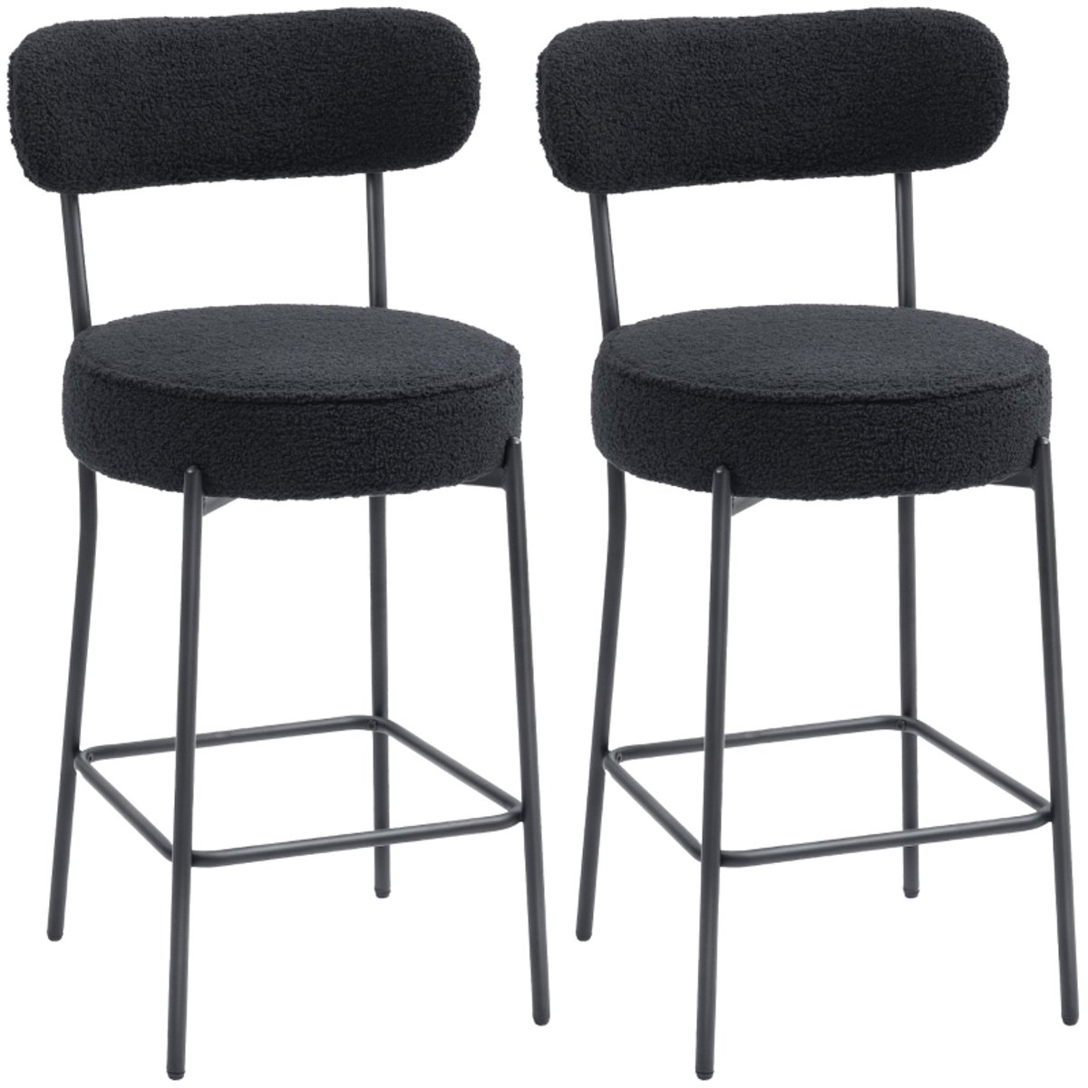 Clruro Barkruk Set van 2 - Ø46 cm - Gepolsterd met Voetsteun - Fleece/Metaal - Zwart