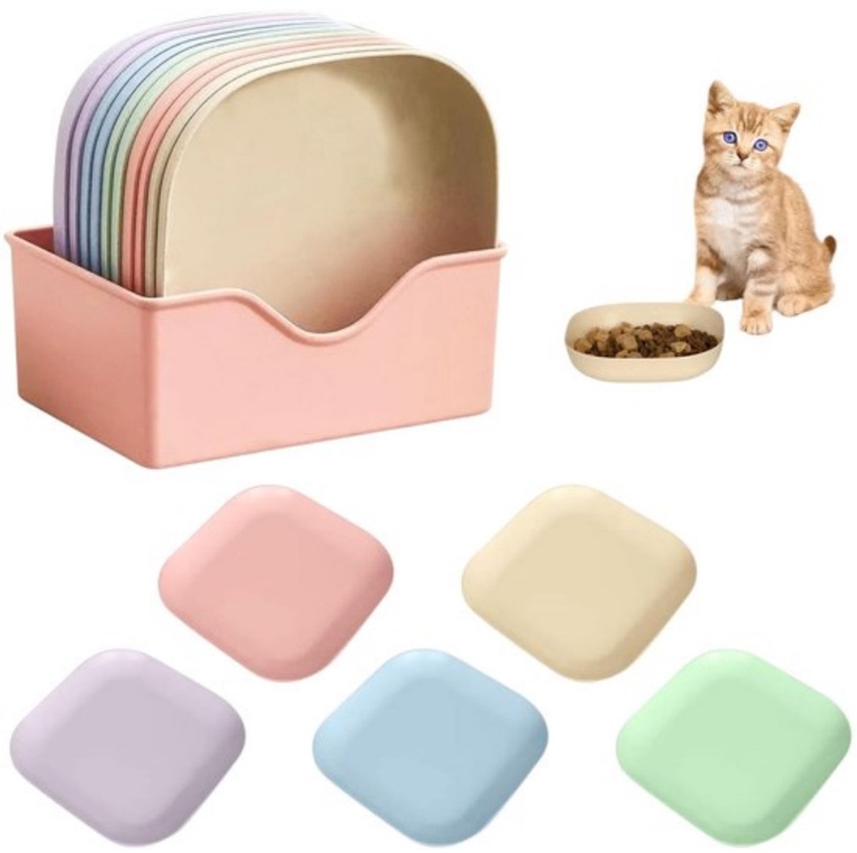 Daity 10-delige set – Voerbak voor katten – Kan gebruikt worden als voer- of waterbak – Herbruikbaar – Geschikt voor kittens en kortbenige katten – Diameter 14,2 cm (meerdere kleuren)