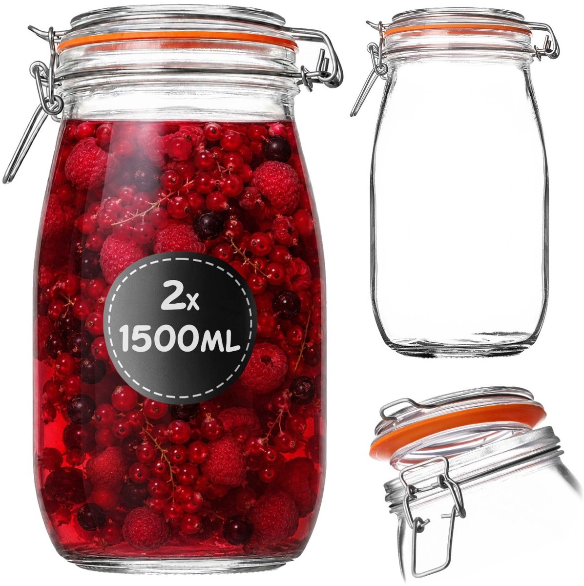 KADAX inmaakpot 2 stuks 1,5 l met beugelsluiting, luchtdichte pot met rubberen afdichting en glazen deksel, augurkenpot, grote glazen voorraadpot, fermentatiepot