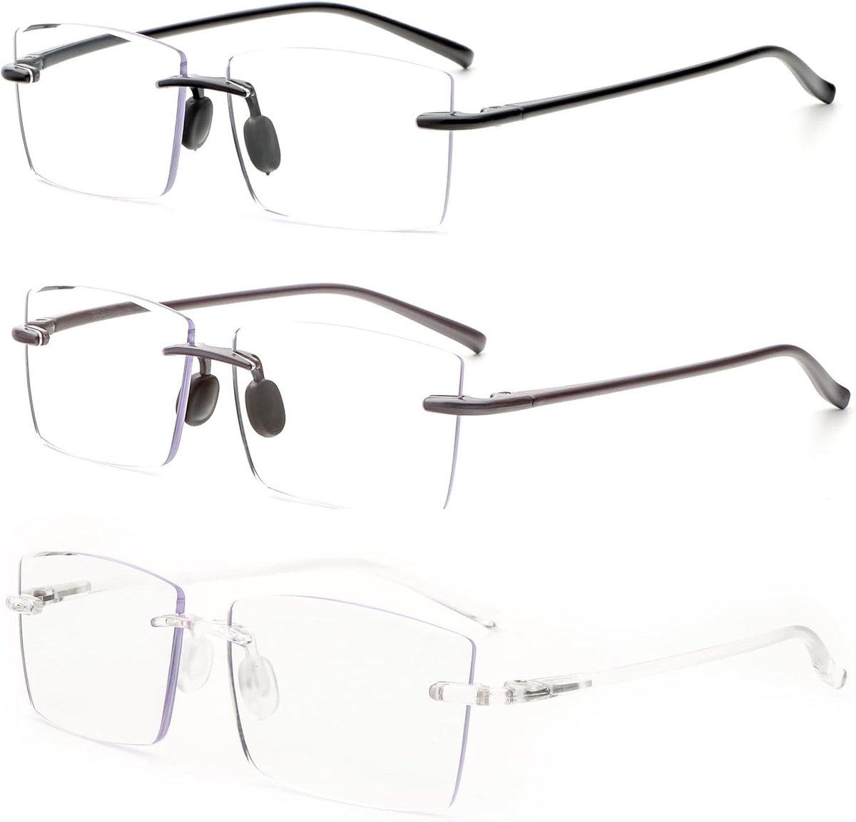 Set van 3 rimless leesbrillen, ultralicht, anti-blauw licht, comfortabele computerbrillen voor mannen en vrouwen