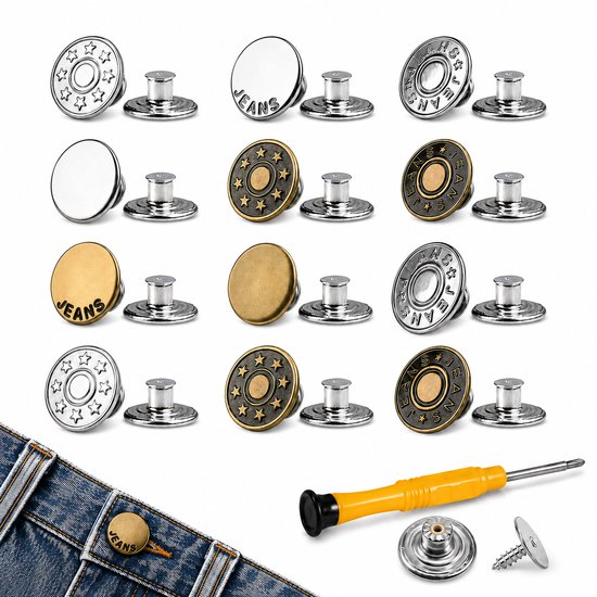 Set van metalen jeansknopen met sterren, "JEANS" tekst en ring-design, in zilver, brons en goudkleur.