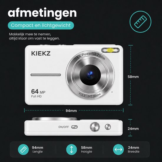 Witte KIEKZ digitale camera met 16x zoom, 64MP en Full HD. Afmetingen: 94mm lengte, 58mm hoogte, 24mm breedte.