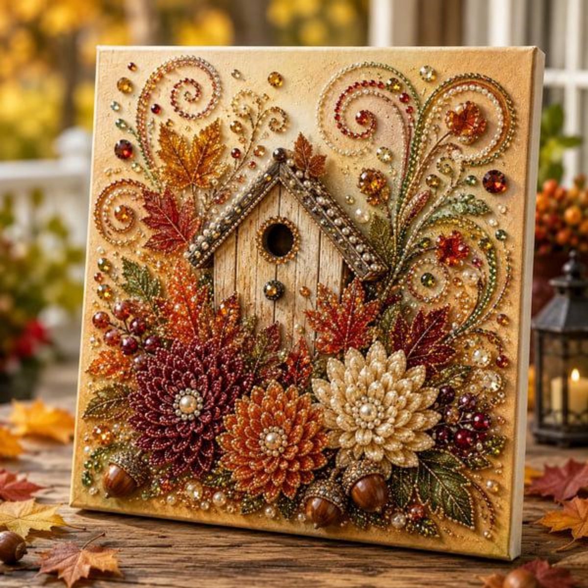 Casalora® Herfst Parel Diamond Painting – DIY 3D Vogelhuisje Kunstwerk – Sprankelende Parelschildering met Voorgespannen Frame – Creatieve Hobby voor Volwassenen – Herfstdecoratie – 20 × 20 cm