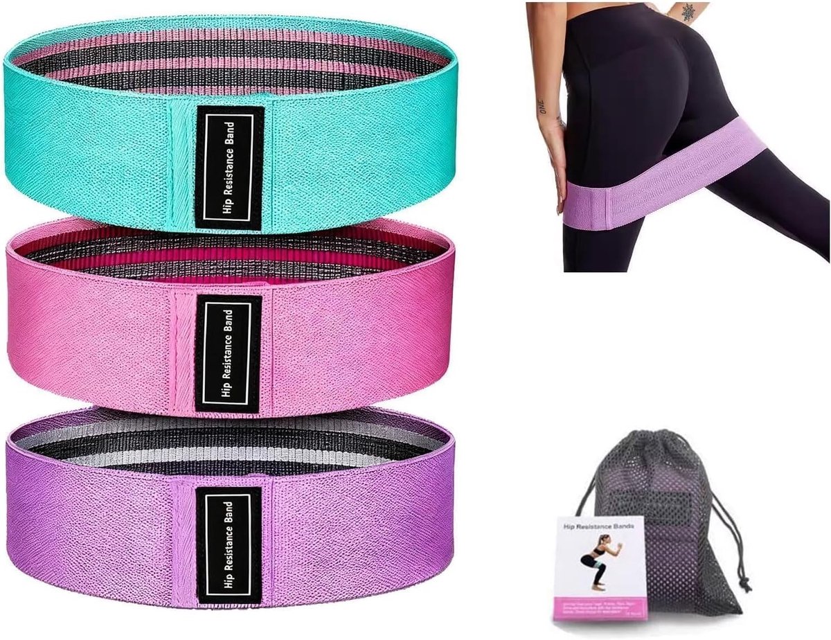 Set van 3 elastische fitnessbanden voor krachttraining, yoga en pilates - antislip en duurzaam (groen, roze, paars, 8 cm)
