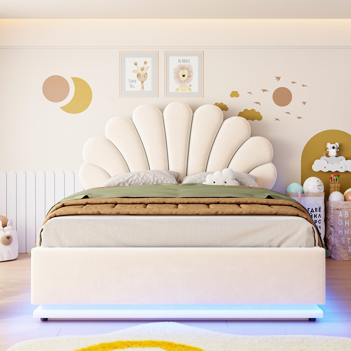 VVBV Tweepersoonsbed 140x200 cm - Hydraulische Opbergruimte, LED-Verlichting, Gestoffeerd Hoofdbord - Beige