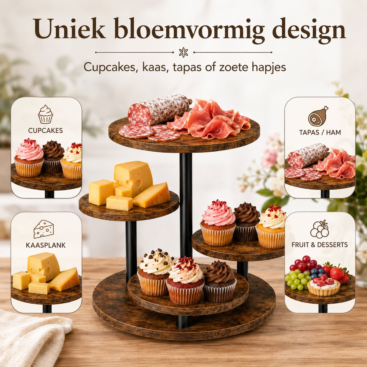 OUYLAF 4-Laags Draaibare Borrelplank – Houten Tapasplank – Ronde Kaasplank – Hapjesplank – Serveerplank – Bruin — cadeau in Kookcadeaus - foto 2