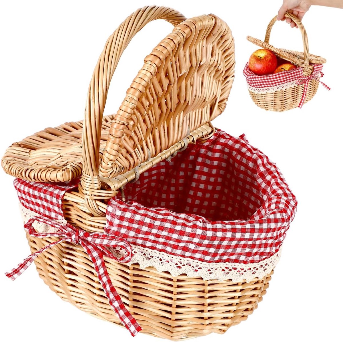 casalora—Picknickmand – Picknickmand met deksel – Wilgentenen vlechtwerk – Met wasbare rode voering – En dubbele opbergmand met deksel – Natuurlijke wilgentenen picknickmand – Voor fruit en eten. – Een onmisbaar kampeerartikel