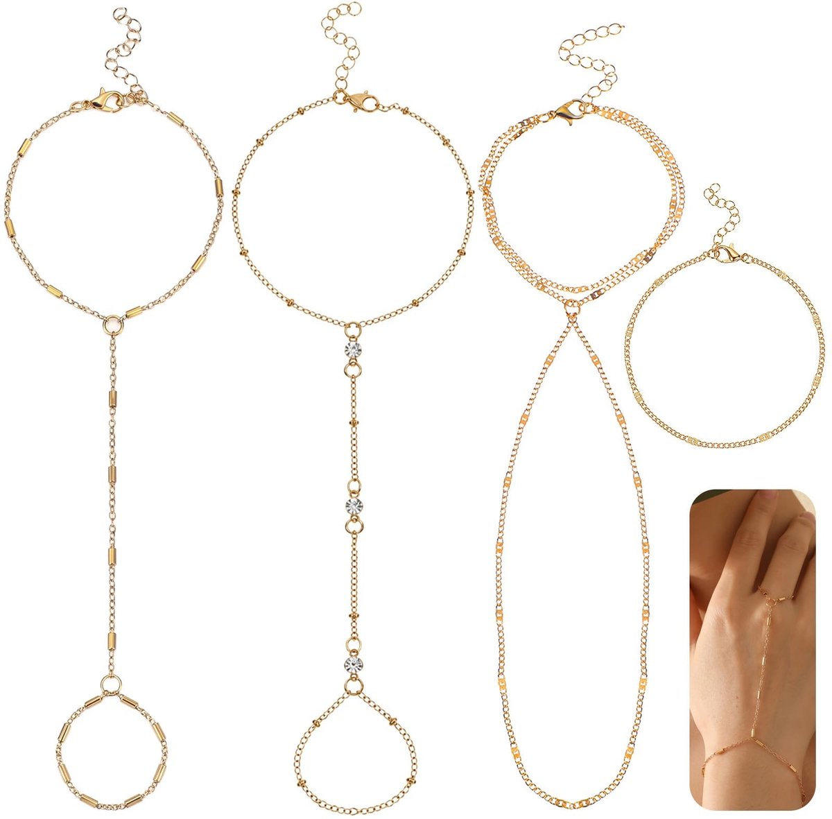 SolidKeus - Set van 4 Gouden Vingerarmbanden voor Dames
