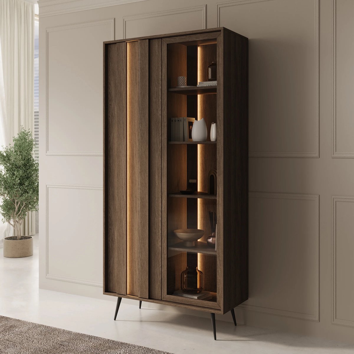 MEUBELLA Umbra - Vitrinekast - Donker eikenpatroon - 94x40x196 cm Bruin