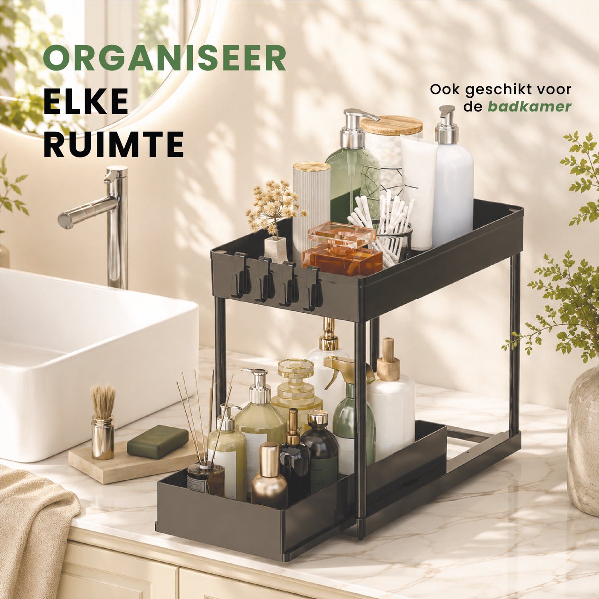 Caryota Keukenkast Organizer - Uitschuifbare Lade voor Gootsteenkast of Badkamer - Dubbellaags - Uitrekbaar - 39,7 x 22 x 35 cm - Kunststof - Zwart — cadeau in Cadeau-ideeën - foto 4