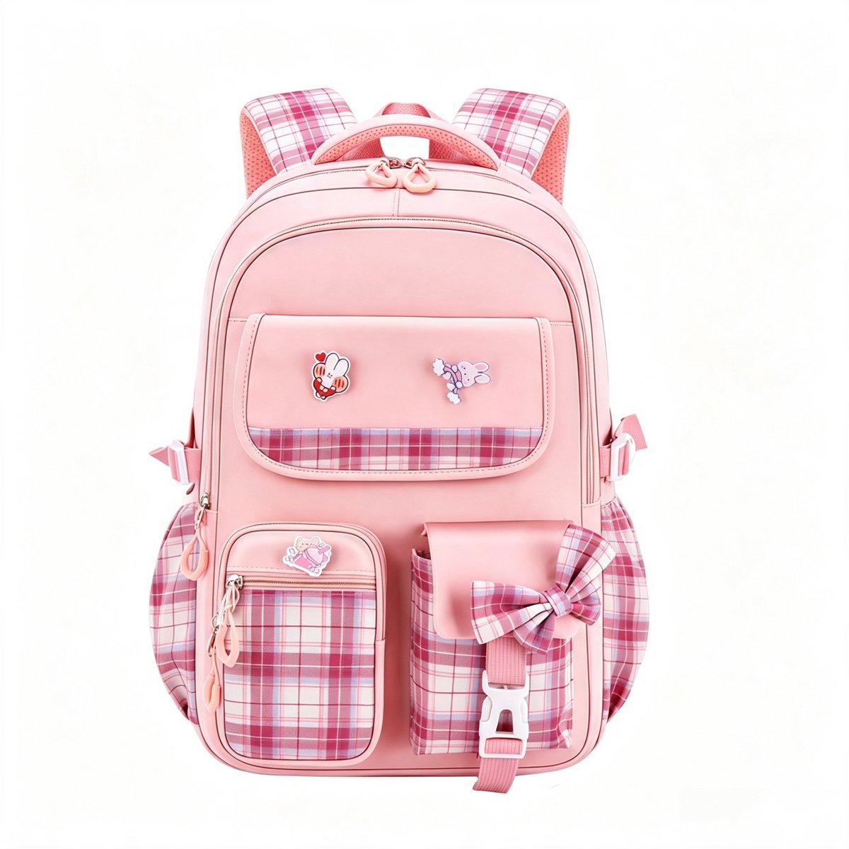 Casalora Rugzak - Geruit Schooltas voor Meisje - L (Groep 3–9） - Hoogte 46cm - Voor kinderen van 135 tot 165 cm - Roze