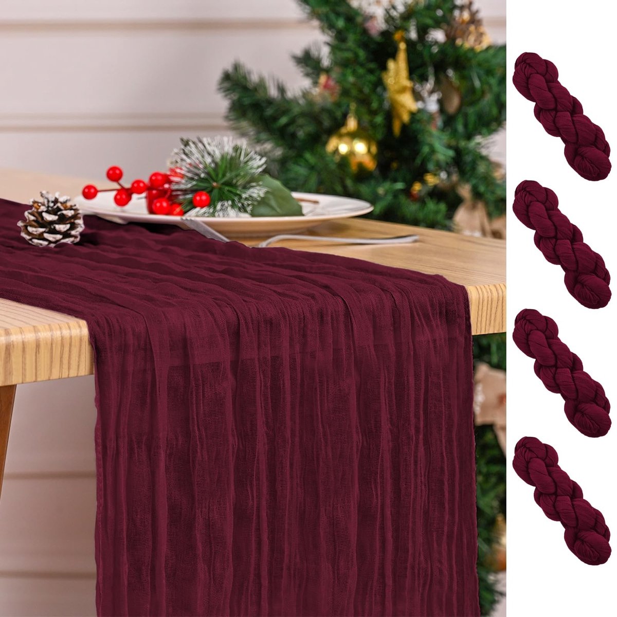 SolidKeus - Set van 4 Bordeau Tafelrunners 43 x 274 cm voor Bruiloft en Feest