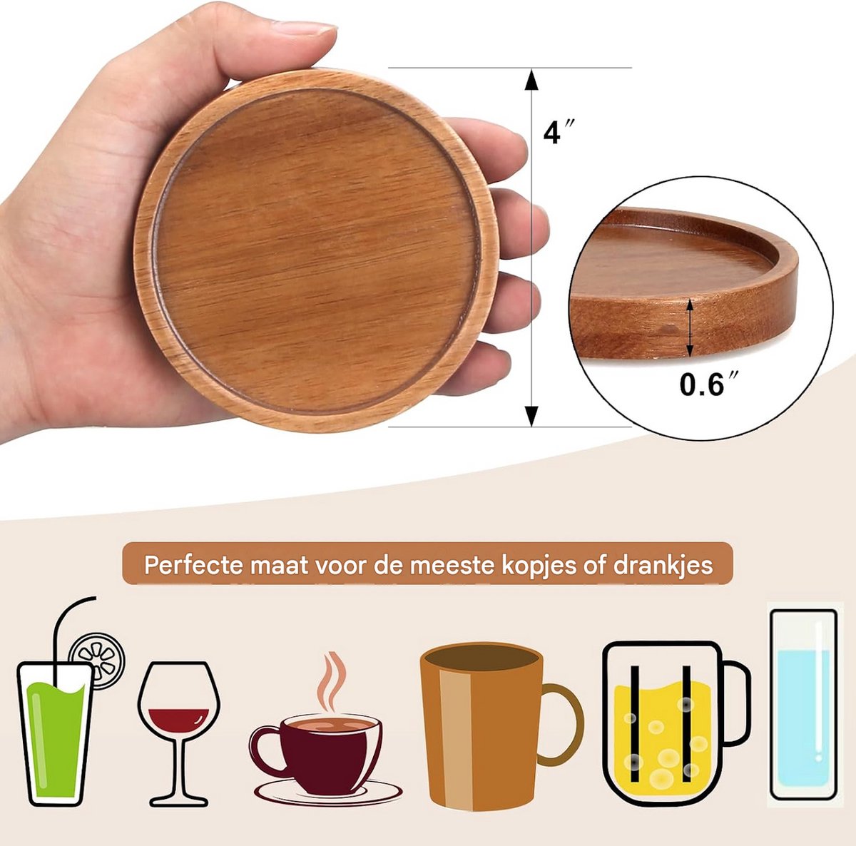 4-delige houten onderzetterset – Decoratie voor de salontafel – Baronderzetters – Onderzetters met houder – Koffieonderzetters – Onderzetters voor keuken, eetkamer en buiten – Onderzetters voor wijnglazen - onderzetters - onderzetters voor glazen — cadeau in Wonen & Interieur - foto 6