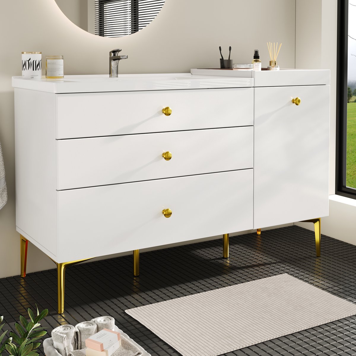 Badkamermeubel met wastafel - Ruime opbergoplossing voor moderne badkamer - 120x47,5x80 cm - Wit met gouden accenten - 3 lades & deurkast - Keramisch wasbekken - Vrijstaand