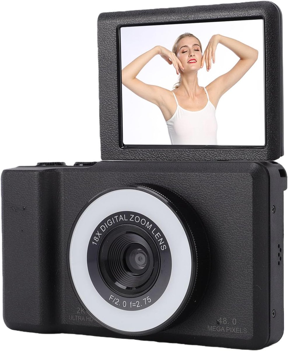 Digitale Compact Camera 2K - Retro Vlog Camera - voor Beginners met 180° Kantelbaar Scherm - Fotocamera met 18x Digitale Zoom, Autofocus & Ingebouwde Flitser - Ideaal voor Vlogging, Vakantie & Reizen - Zwart