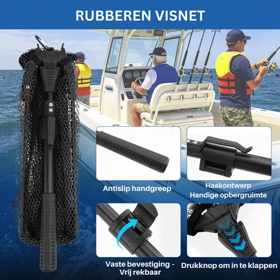Opgevouwen zwart visnet met antislip handgreep en praktische opbergruimte. Mannen vissen vanaf een boot.