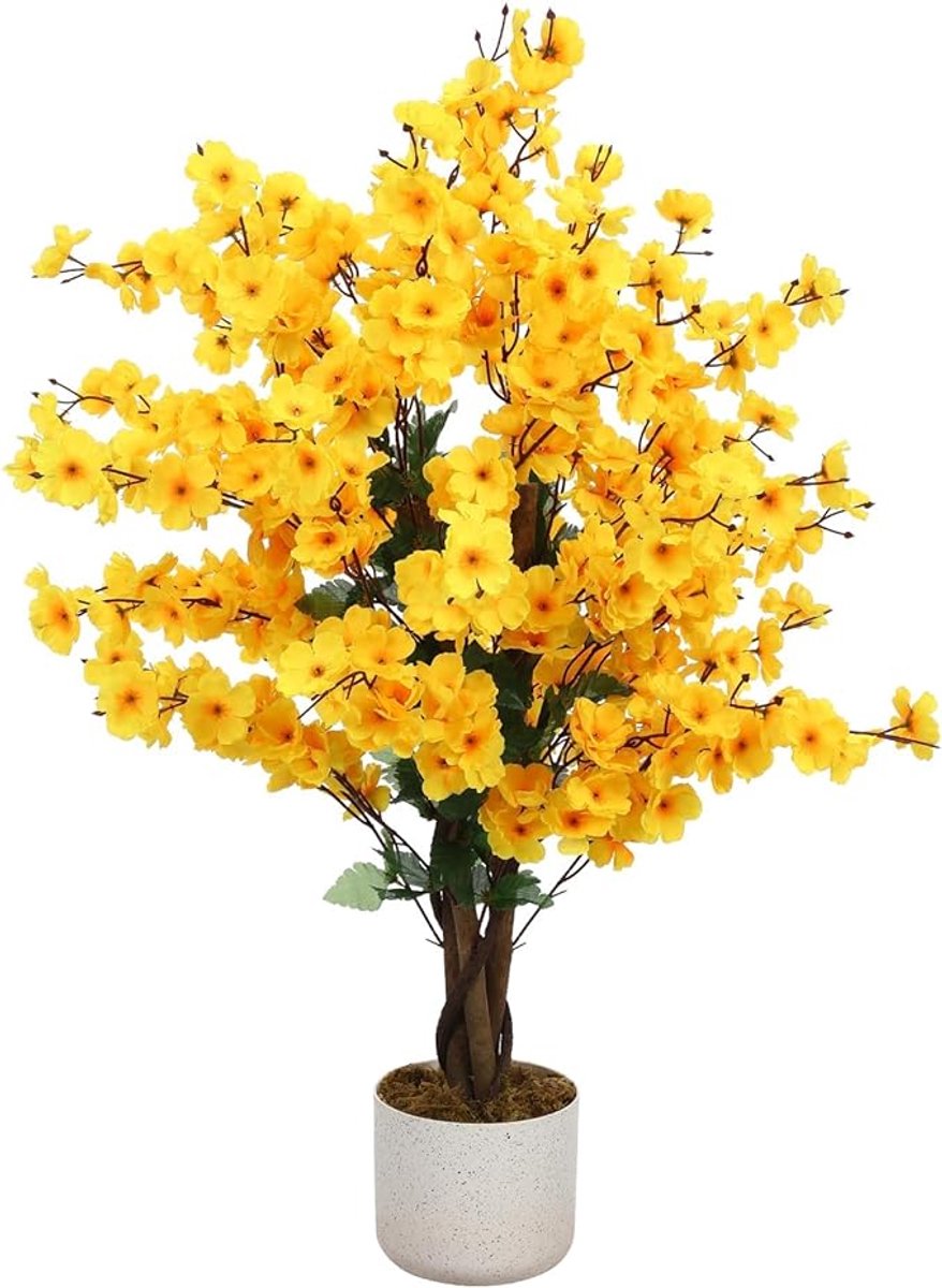 HOERFURIY Kunst winters pruimenbloem 90cm gele bloemen - hoogdicht polyester - met stabiele zwarte pot voor salon entree slaapkamer decoratie