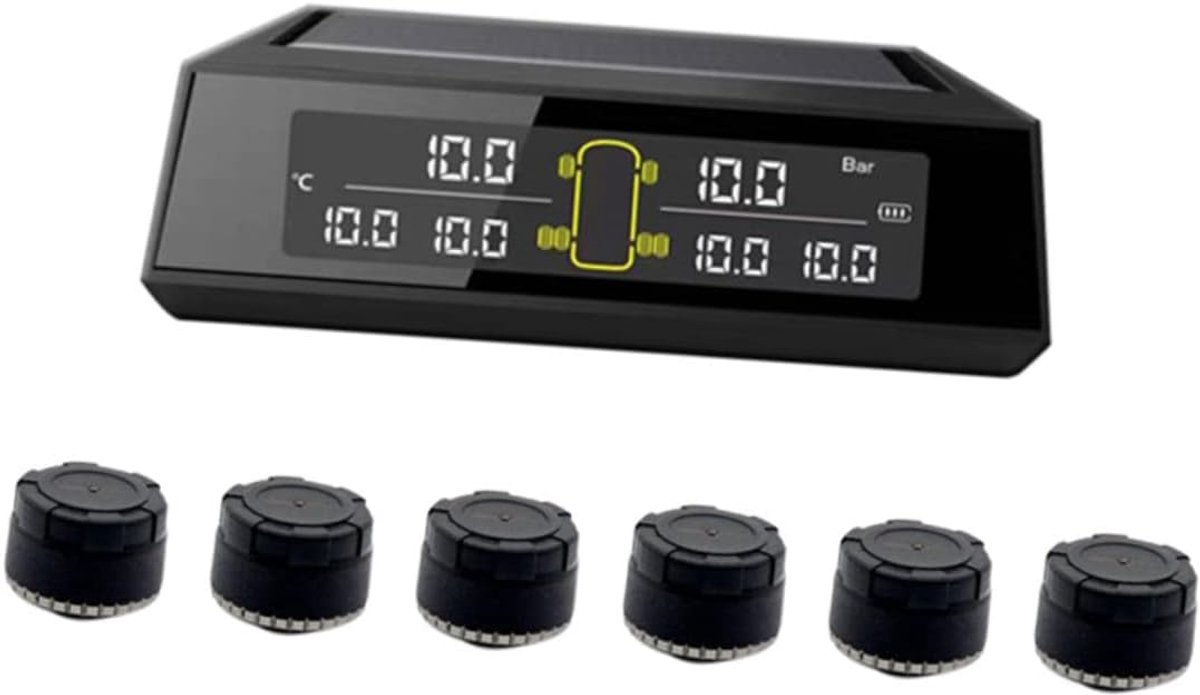 Draadloze TPMS Bandenspanningsmonitor voor Vrachtwagen en Camper | IP67-waterdicht – Zwarte Behuizing – Zonne-energie en USB-opladen – Lithium-ion Batterij 400 mAh en CR1632 Knoopcelbatterij (Stijl Willekeurig)