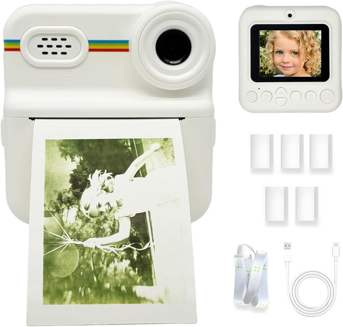 Kindercamera Instant - Kindercamera - Direct Print Functie - Instant Camera voor Kinderen - inclusief 5 Rollen Papier - Dual Lens 1080P HD Video - 16x Zoom Fotocamera - 2.4 Inch Scherm - met Spelletjes & MP3 Muziekspeler - Schokbestendig - Wit