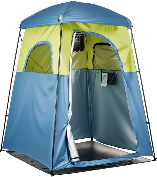 Groene en blauwe privacy tent op witte achtergrond, met open deur en ramen.