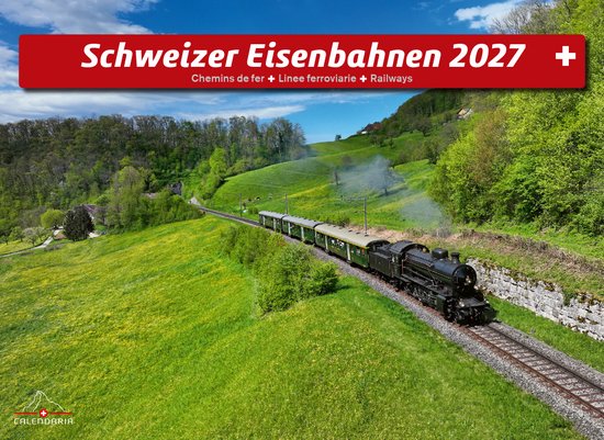 Een stoomtrein met groene wagons rijdt door een groen, heuvelachtig landschap. Tekst: Schweizer Eisenbahnen 2027.